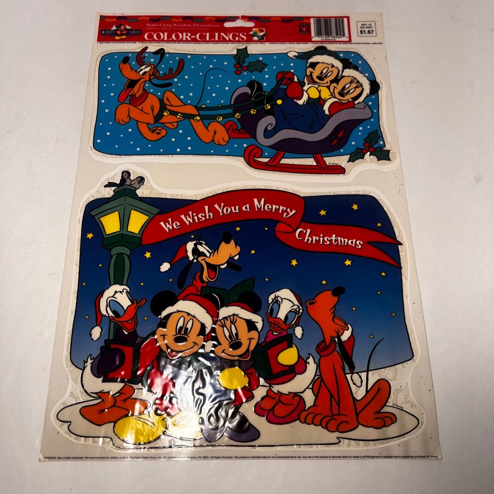 Vintage Disney Mickey Mouse Christmas Color-Clings Static Window Decorations New